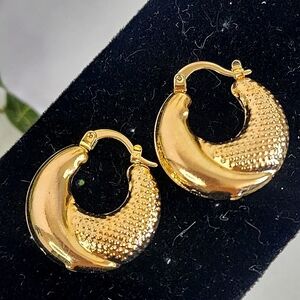Gold Plated Textured and Smooth Hollow Hoop Earrings